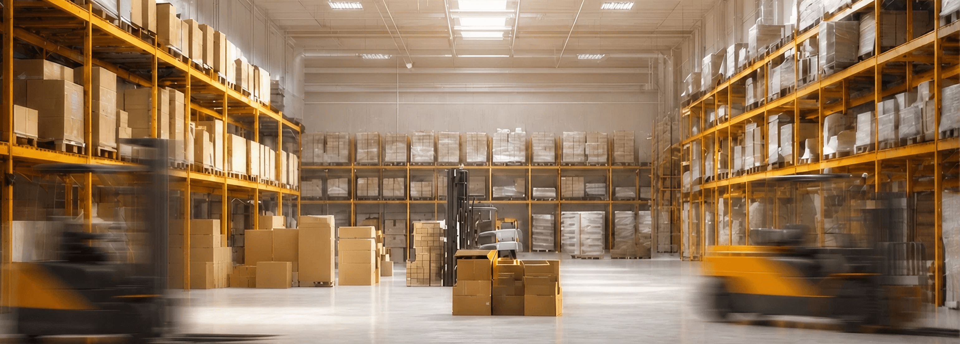 A warehouse aisle with stocked shelves and forklifts